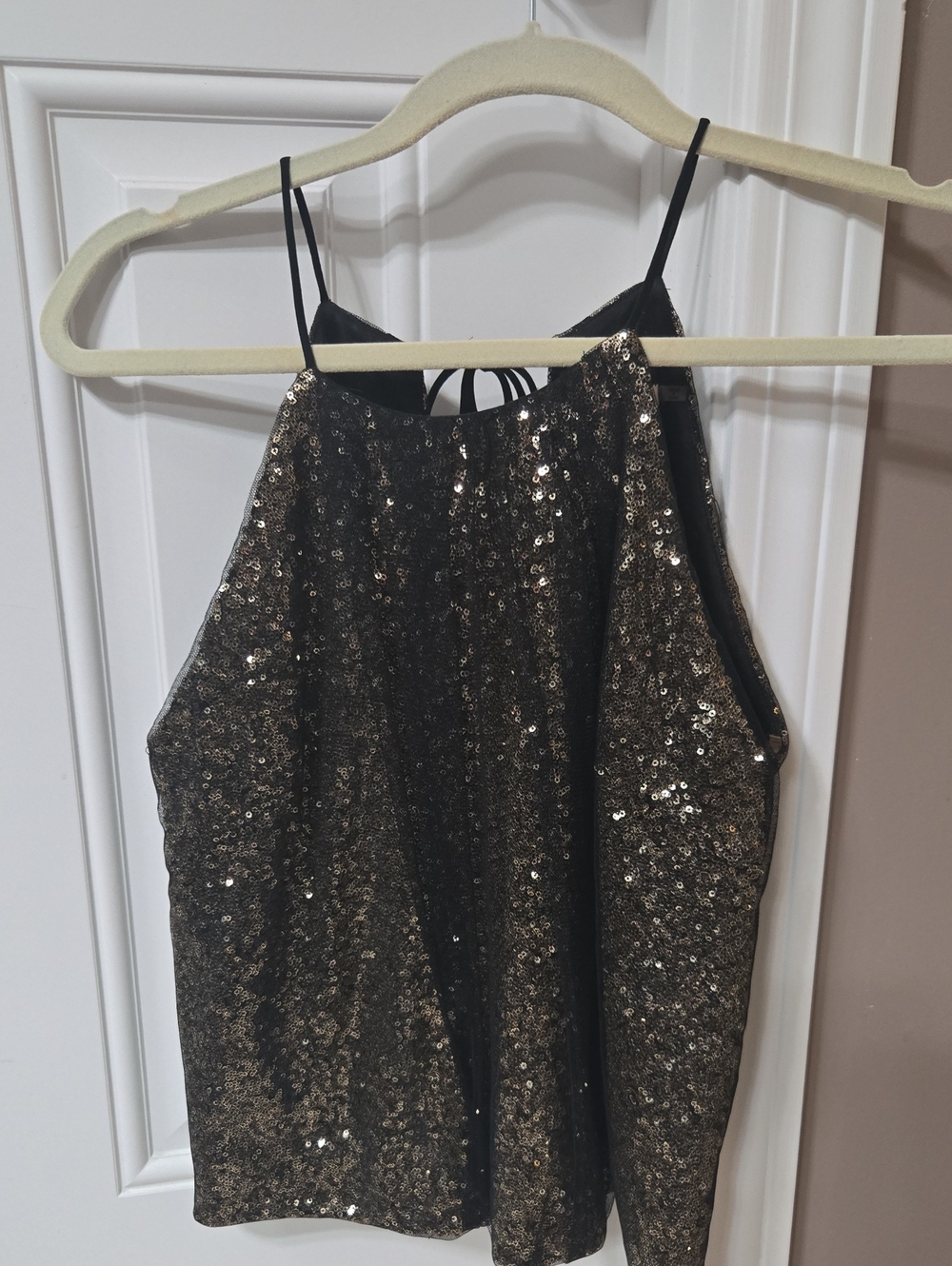 Mustard Seed Gold Sequin Halter Cami with Black Netted Overlay and Ballooned Hem